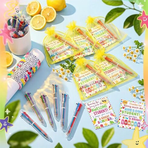 24 Set End of Year Gift Bulk Graduation Friendship Bracelets and 6 in 1 Multicolor Pens, Summer Inspirational Cards with Bags, Last Day of School Gifts from Teacher in Saudi Arabia