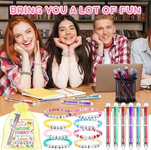 24 Set End of Year Gift Bulk Graduation Friendship Bracelets and 6 in 1 Multicolor Pens, Summer Inspirational Cards with Bags, Last Day of School Gifts from Teacher in Saudi Arabia