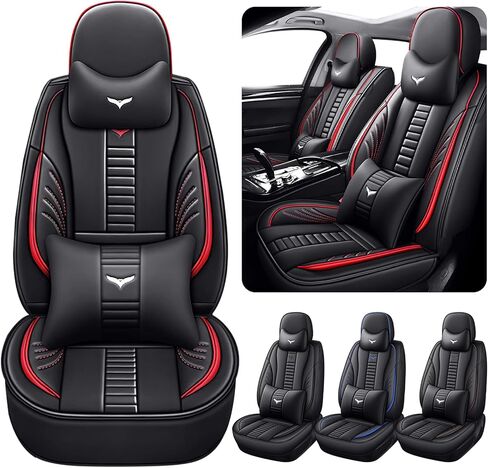 Full Set of Universal Fit Automotive Seat Covers fit for Jaguar E-PACE 2018-2025, PU Leather Automobile Interior Sets with Headrest & Back Pillow Black & Red Line in Saudi Arabia
