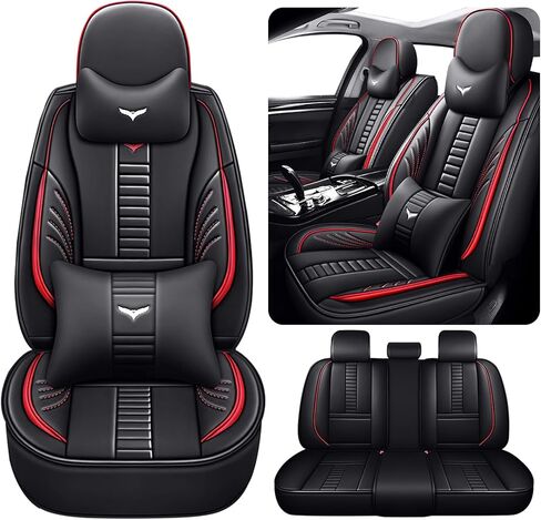 Full Set of Universal Fit Automotive Seat Covers fit for Jaguar E-PACE 2018-2025, PU Leather Automobile Interior Sets with Headrest & Back Pillow Black & Red Line in Saudi Arabia