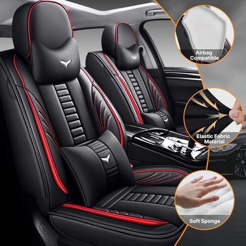 Full Set of Universal Fit Automotive Seat Covers fit for Jaguar E-PACE 2018-2025, PU Leather Automobile Interior Sets with Headrest & Back Pillow Black & Red Line in Saudi Arabia
