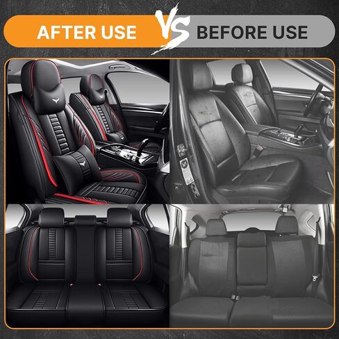 Full Set of Universal Fit Automotive Seat Covers fit for Jaguar E-PACE 2018-2025, PU Leather Automobile Interior Sets with Headrest & Back Pillow Black & Red Line in Saudi Arabia