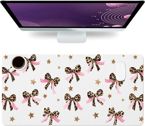 Cute Desk Mat, Leopard Pink Bow Large Mouse Pad for Desktop, PU Leather Waterproof Desk Pad, Anti-Slip Computer PC Laptop Protector Gaming Mouse Pads Office Home Decor (23.6" x 11.8") in Saudi Arabia