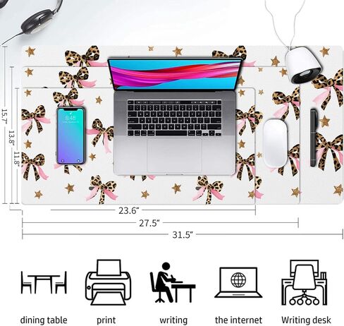 Cute Desk Mat, Leopard Pink Bow Large Mouse Pad for Desktop, PU Leather Waterproof Desk Pad, Anti-Slip Computer PC Laptop Protector Gaming Mouse Pads Office Home Decor (23.6" x 11.8") in Saudi Arabia