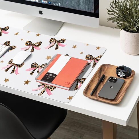 Cute Desk Mat, Leopard Pink Bow Large Mouse Pad for Desktop, PU Leather Waterproof Desk Pad, Anti-Slip Computer PC Laptop Protector Gaming Mouse Pads Office Home Decor (23.6" x 11.8") in Saudi Arabia