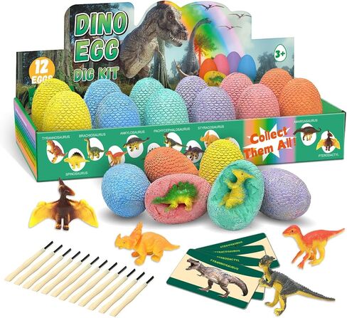 12 Pack Easter Dino Egg Dig Kit for Kids - Dinosaur Egg Excavation Toy with 12 Unique Dinosaurs Eggs Tools & Learning Cards STEM Archaeology Science Dig Set for Boys Girls Easter Party Favors 3-12 in Saudi Arabia