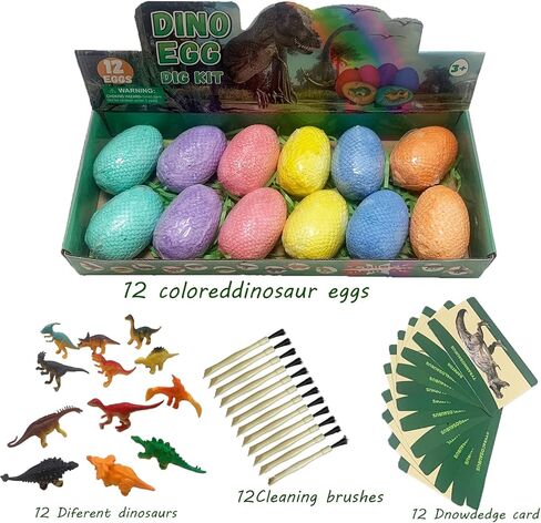 12 Pack Easter Dino Egg Dig Kit for Kids - Dinosaur Egg Excavation Toy with 12 Unique Dinosaurs Eggs Tools & Learning Cards STEM Archaeology Science Dig Set for Boys Girls Easter Party Favors 3-12 in Saudi Arabia