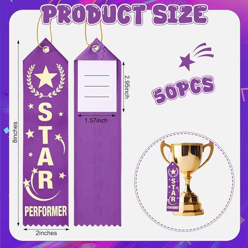Tingjoo 50 Pcs Star Performer Award Ribbons 8 x 2 Inches Achievement Ribbons Bulk with Event Card and Rope Participation Award Prize for Competitions Classroom Activities Sports Event Employee in Kuwait