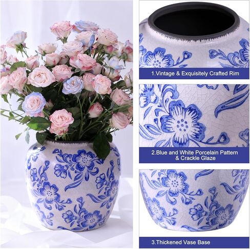Blue and White Ceramic Vase, Vintage Porcelain Vase with Crackle Glaze, Farmhouse Rustic Oriental Decorative Centerpiece for Living Room, Dining Table, Entryway, and Bookshelf (Elegant Tall) in Saudi Arabia