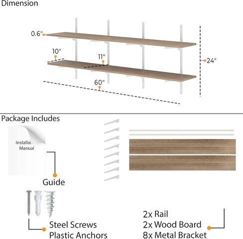 Wallniture Turin 60"x10" Floating Shelves for Wall Storage, Wall Bookshelf, Rustic Wall Shelves with Adjustable Standard Rail Bracket System, Book Shelf for Wall, Storage Shelves, Burnt in Saudi Arabia