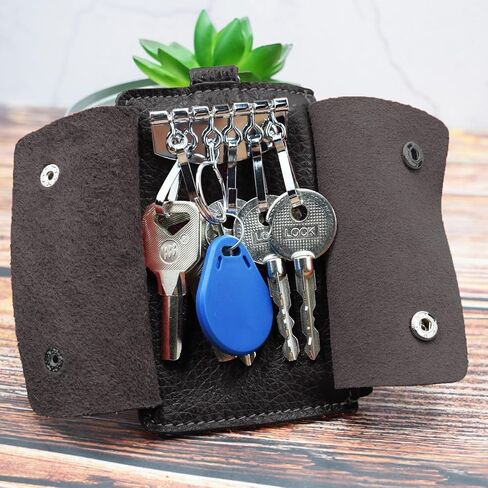 Leather Car Key Protector Case, Auto Key Pouch Car Remote Holder Hook Zipper Cover Black Key Wallet Keychain Key Bag (Snap Button Coffee) in Saudi Arabia