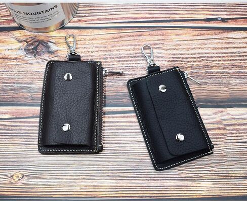 Leather Car Key Protector Case, Auto Key Pouch Car Remote Holder Hook Zipper Cover Black Key Wallet Keychain Key Bag (Snap Button Coffee) in Saudi Arabia