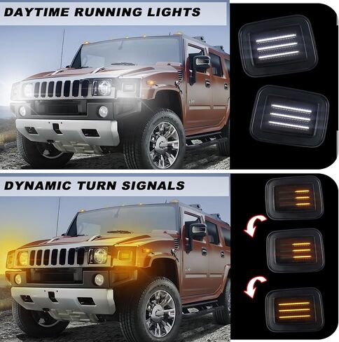 Smoke LED Front Corner Side Marker Lights Kit for 2003-2009 Hummer H2 | Switchback White DRL & Amber Sequential Turn Signals | 2-Piece Replacement Front Bumper Indicator Lights in Saudi Arabia