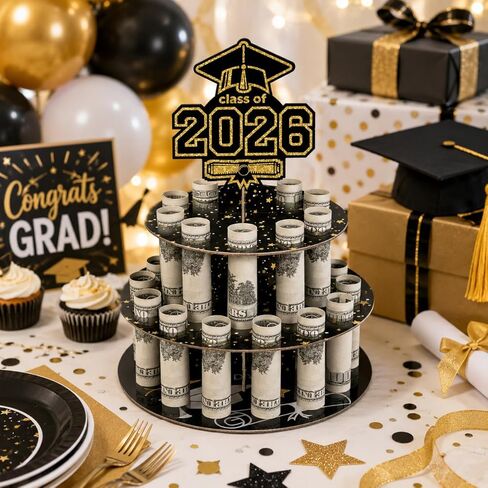 Ranfashiong Graduation Money Holder for Cash Gift Cake with 24 Bill Slots, Congrats Class of 2026 Grad Party Supplies (Black) in Saudi Arabia