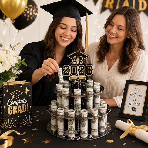 Ranfashiong Graduation Money Holder for Cash Gift Cake with 24 Bill Slots, Congrats Class of 2026 Grad Party Supplies (Black) in Saudi Arabia
