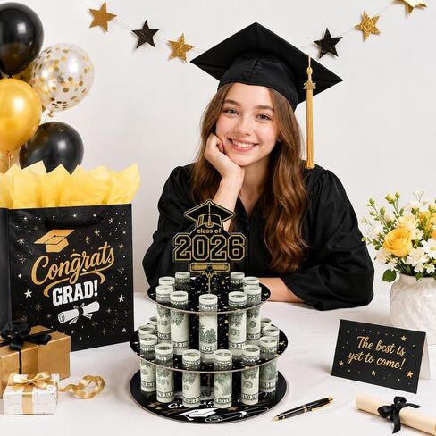 Ranfashiong Graduation Money Holder for Cash Gift Cake with 24 Bill Slots, Congrats Class of 2026 Grad Party Supplies (Black) in Saudi Arabia
