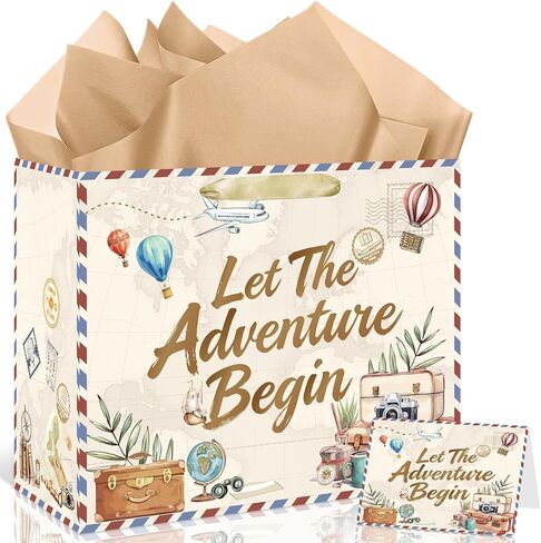 Let The Adventure Begin Gift Bag Travel Gift Wrapping Paper Bag with Greeting Card Tissue Paper for Birthday Retirement Party Decorations Baby Shower Graduation Moving Away Farewell Family Party Supplies in Kuwait