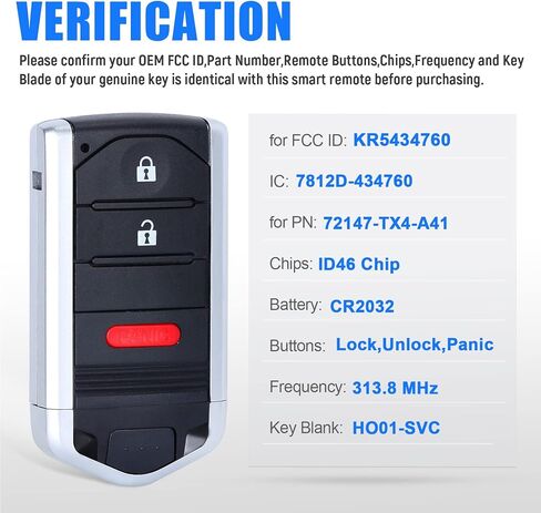 Keymall دخول بدون مفتاح مفتاح بعيد فوب لاستبدال Acura RDX 2013 2014 2015 FCC ID:KR5434760 P/N:72147-TX4-A41 3 أزرار in Kuwait