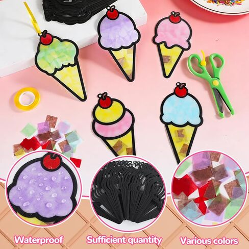 qyeahkj 36 مجموعة الصيف مخروط الآيس كريم suncatchers الحرف اليدوية للأطفال DIY الحلوى الحلو نافذة المناديل الورقية الحرف الصيف شنقا ديكور للفصل الدراسي النشاط المنزلي مشروع فني حفلة عيد ميلاد لصالح الهدايا in Kuwait