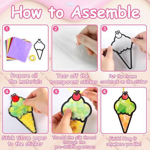 qyeahkj 36 مجموعة الصيف مخروط الآيس كريم suncatchers الحرف اليدوية للأطفال DIY الحلوى الحلو نافذة المناديل الورقية الحرف الصيف شنقا ديكور للفصل الدراسي النشاط المنزلي مشروع فني حفلة عيد ميلاد لصالح الهدايا in Kuwait
