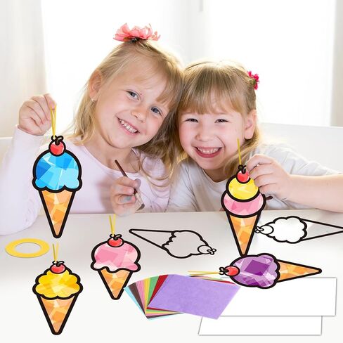 qyeahkj 36 مجموعة الصيف مخروط الآيس كريم suncatchers الحرف اليدوية للأطفال DIY الحلوى الحلو نافذة المناديل الورقية الحرف الصيف شنقا ديكور للفصل الدراسي النشاط المنزلي مشروع فني حفلة عيد ميلاد لصالح الهدايا in Kuwait
