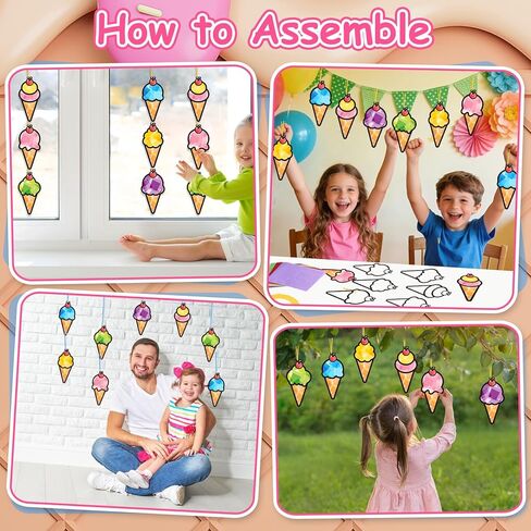 qyeahkj 36 مجموعة الصيف مخروط الآيس كريم suncatchers الحرف اليدوية للأطفال DIY الحلوى الحلو نافذة المناديل الورقية الحرف الصيف شنقا ديكور للفصل الدراسي النشاط المنزلي مشروع فني حفلة عيد ميلاد لصالح الهدايا in Kuwait