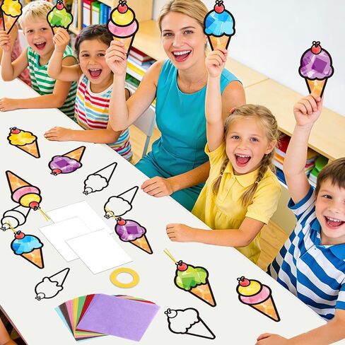 qyeahkj 36 مجموعة الصيف مخروط الآيس كريم suncatchers الحرف اليدوية للأطفال DIY الحلوى الحلو نافذة المناديل الورقية الحرف الصيف شنقا ديكور للفصل الدراسي النشاط المنزلي مشروع فني حفلة عيد ميلاد لصالح الهدايا in Kuwait