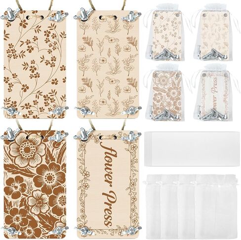 Mini Flower Press Kit - 4 Pack Small Wooden Press for Real Flowers, Includes Blotting Papers & Organza Bags, Pocket Portable DIY Plant Preservation Art Gift for Christmas Women, Girls & Plant Lovers in Saudi Arabia