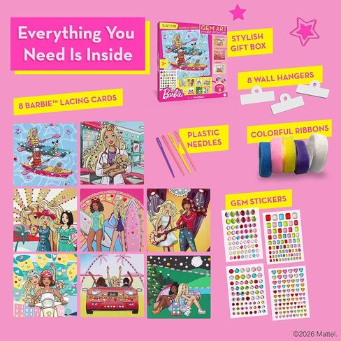 Barbie® Gem Art Kit for Kids Ages 4-8 - 8 Stitch Cards with Gem Stickers and Satin Ribbons | Diamond Art Sticker Craft, Barbie Arts and Crafts Gift for Girls in Saudi Arabia