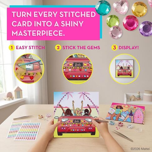 Barbie® Gem Art Kit for Kids Ages 4-8 - 8 Stitch Cards with Gem Stickers and Satin Ribbons | Diamond Art Sticker Craft, Barbie Arts and Crafts Gift for Girls in Saudi Arabia