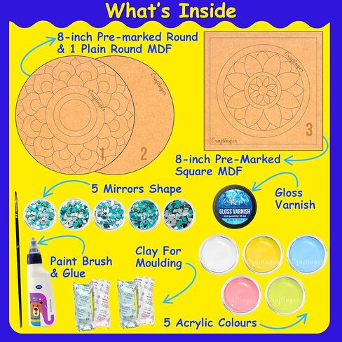 مجموعة فنية Craftinger Pro Lippan مقاس 8 بوصة للديكور المنزلي بأشكال MDF محددة مسبقًا وألوان أكريليك ومرايا، متعددة الألوان in Kuwait