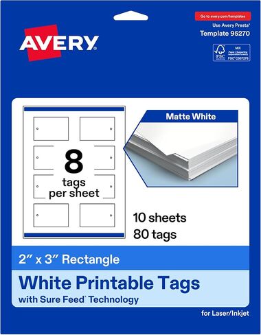 Avery Printable Rectangle Tags with Strings with Sure Feed Technology, 2" x 3", Matte White Cardstock, Print-to-The-Edge, Laser/Inkjet Tags, 80 Total in Saudi Arabia