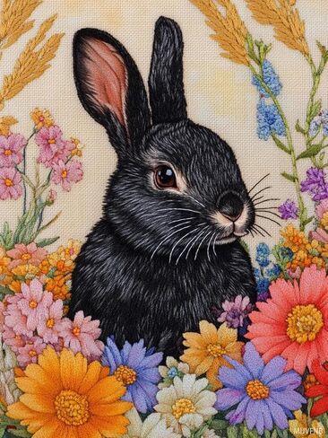 MIJVFNB DIY Cross Stitch Kit for Beginners Cute Black Rabbit Surrounded by Colorful Flowers 11CT Embroidery Kit with Pattern Stamped Needlepoint Craft Kit for Home Decor 30x40cm in Kuwait