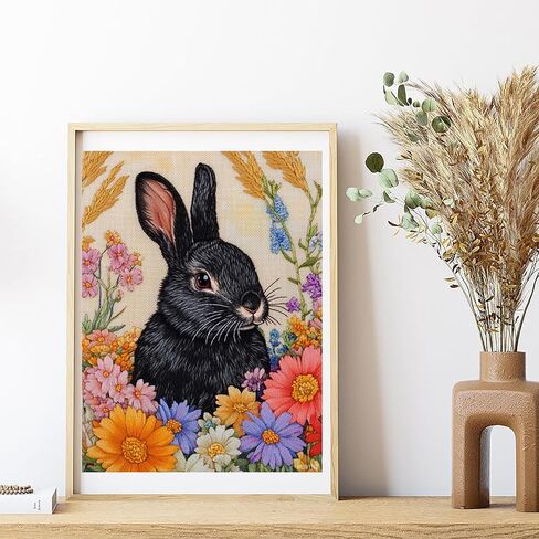 MIJVFNB DIY Cross Stitch Kit for Beginners Cute Black Rabbit Surrounded by Colorful Flowers 11CT Embroidery Kit with Pattern Stamped Needlepoint Craft Kit for Home Decor 30x40cm in Kuwait
