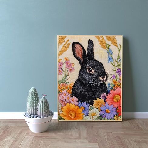 MIJVFNB DIY Cross Stitch Kit for Beginners Cute Black Rabbit Surrounded by Colorful Flowers 11CT Embroidery Kit with Pattern Stamped Needlepoint Craft Kit for Home Decor 30x40cm in Kuwait