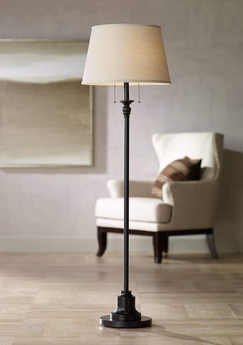 360 Lighting Spenser Traditional Floor Lamp Standing Exquisite 58" Tall Oiled Bronze Brown Metal Thin Column Off-White Linen Fabric Empire Shade for Living Room Reading House Bedroom Home in Saudi Arabia