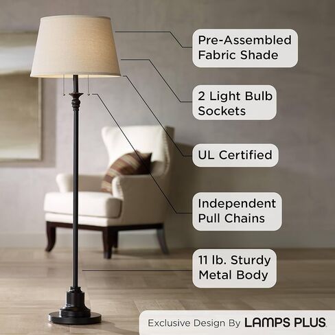 360 Lighting Spenser Traditional Floor Lamp Standing Exquisite 58" Tall Oiled Bronze Brown Metal Thin Column Off-White Linen Fabric Empire Shade for Living Room Reading House Bedroom Home in Saudi Arabia