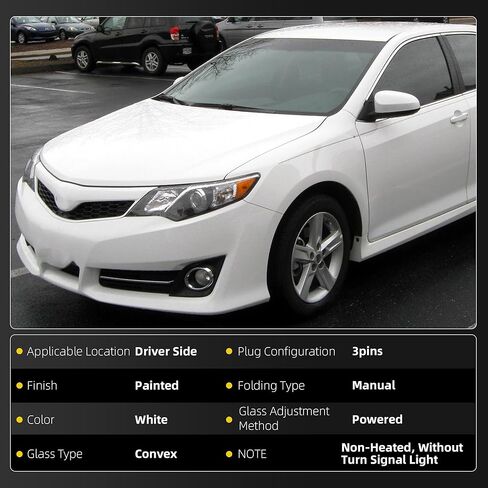 Dasbecan Left Driver Side Door Mirror Compatible with 2012-2014 Toyota Camry Manual Folding Power Glass Non-Heated Replaces# TO1320275 8790906400 8790906401 White (3Pins) in Kuwait