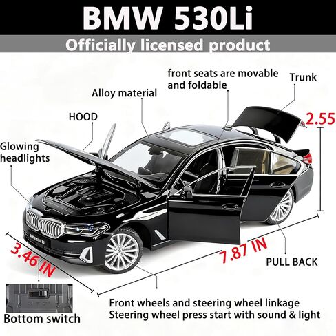 1/24 Scale BMW 530Li Metal Model Car Pull Back Car Toys with Light and Sound Toys Car Collectible Model for Kids Gift(Black) in Saudi Arabia