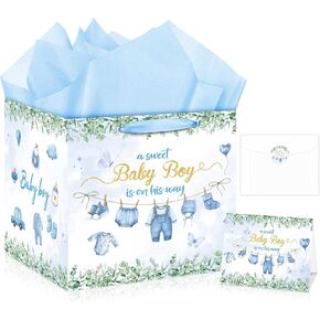Extra Large Baby Boy Gift Bag Square Blue Clothes Baby Shower Bag for Boys with Wrapping Paper Card Sticker Envelope for New Baby Congratulations Gifts Newborn Party Favors Decorations, 11.8 Inch in Saudi Arabia