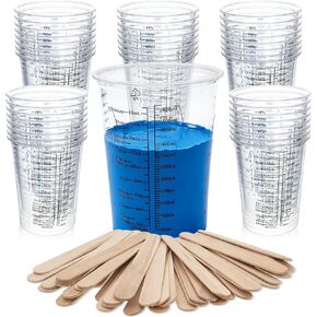 50 Pack Epoxy Mixing Cups 20 oz (600 ml), Disposable Measuring Cups with 50 Wooden Stir Sticks, Measurement Ratios: 1:1, 2:1, 3:1, 4:1 for Resin, Liquid and Paint in Saudi Arabia