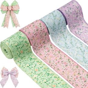 Spring Floral Wired Ribbon 2.5 Inch, 4 Rolls Vintage Wildflower Fabric Ribbon 20 Yards for Wreaths Bow Making Gift Wrapping Easter Party Decor in Saudi Arabia