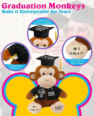 Printualist Personalized Graduation Teddy Bear Monkey Gift 2026 for Her, for Him, for High School, College, 10 Inch - Cute Custom Brown Monkey with Your Name and Year on The Feet in Saudi Arabia