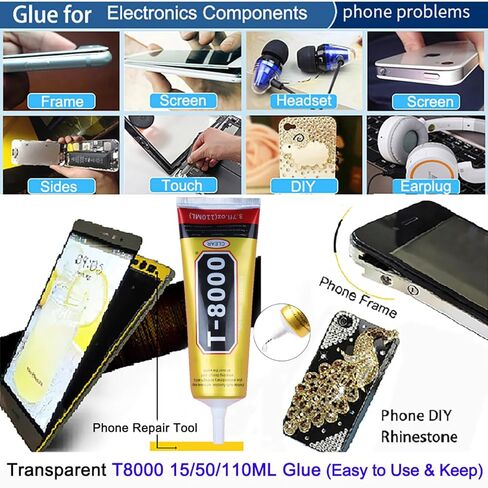 T8000 Glue Clear with Precision Tip for Cell Phones Mobile Repair Kits Electronics LCD Computer Watch Speakers Tablet Earbuds, 4Pcs 15ML 50ML 110ML Transparent T-8000 Adhesive Craft Rhinestone Jewelry in Saudi Arabia