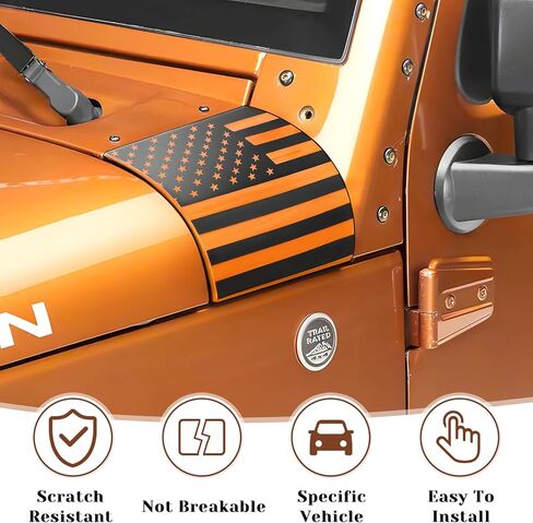 غطاء زاوية غطاء محرك السيارة بعلم درع الجسم ملصق الولايات المتحدة الأمريكية يناسب Jeep Wrangler JK JKU 2007-2016 2017 2018 الملحقات الخارجية، غطاء محرك السيارة الجانبي المقطوع مسبقًا من الفينيل (أسود غير لامع) in Kuwait