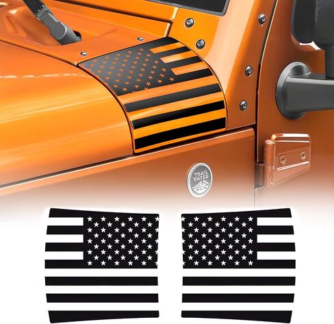 غطاء زاوية غطاء محرك السيارة بعلم درع الجسم ملصق الولايات المتحدة الأمريكية يناسب Jeep Wrangler JK JKU 2007-2016 2017 2018 الملحقات الخارجية، غطاء محرك السيارة الجانبي المقطوع مسبقًا من الفينيل (أسود غير لامع) in Kuwait