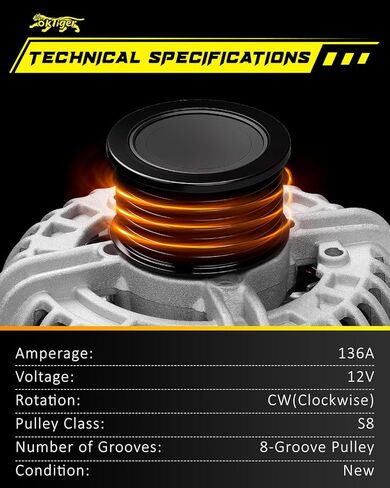 Oktiger 136A Diesel Upgraded Alternator for Dodge Ram 2500 Ram 3500 Laramie Slt Sport St Trx4 2006 2007 5.9L, for Dodge Ram 2500 St Ram 4000 2006-2009, L6 12V CW 8-Groove Clutch Pulley OE 04801475AA | Precision CNC castings + die-cast aluminum housing, Pu in Saudi Arabia