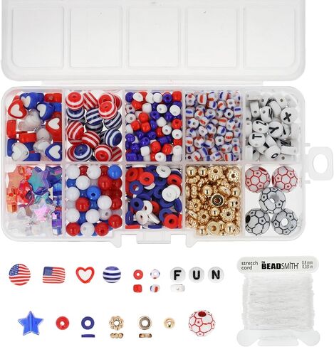 تشكيلة Beadsmith USA Bead Mix - خرز أحمر وأبيض وأزرق مع أعلام أمريكية وكرات كرة قدم، تتضمن سلكًا مطاطيًا بطول 5.4 ياردة (16.1 قدمًا) بقطر 0.8 مم، و250 خرزة من البضائع الأمريكية التذكارية in Kuwait