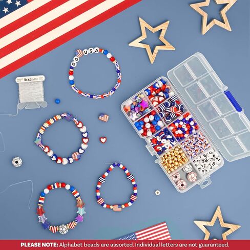 تشكيلة Beadsmith USA Bead Mix - خرز أحمر وأبيض وأزرق مع أعلام أمريكية وكرات كرة قدم، تتضمن سلكًا مطاطيًا بطول 5.4 ياردة (16.1 قدمًا) بقطر 0.8 مم، و250 خرزة من البضائع الأمريكية التذكارية in Kuwait