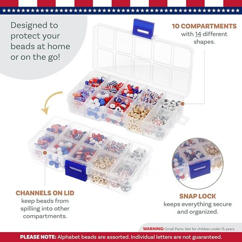 تشكيلة Beadsmith USA Bead Mix - خرز أحمر وأبيض وأزرق مع أعلام أمريكية وكرات كرة قدم، تتضمن سلكًا مطاطيًا بطول 5.4 ياردة (16.1 قدمًا) بقطر 0.8 مم، و250 خرزة من البضائع الأمريكية التذكارية in Kuwait